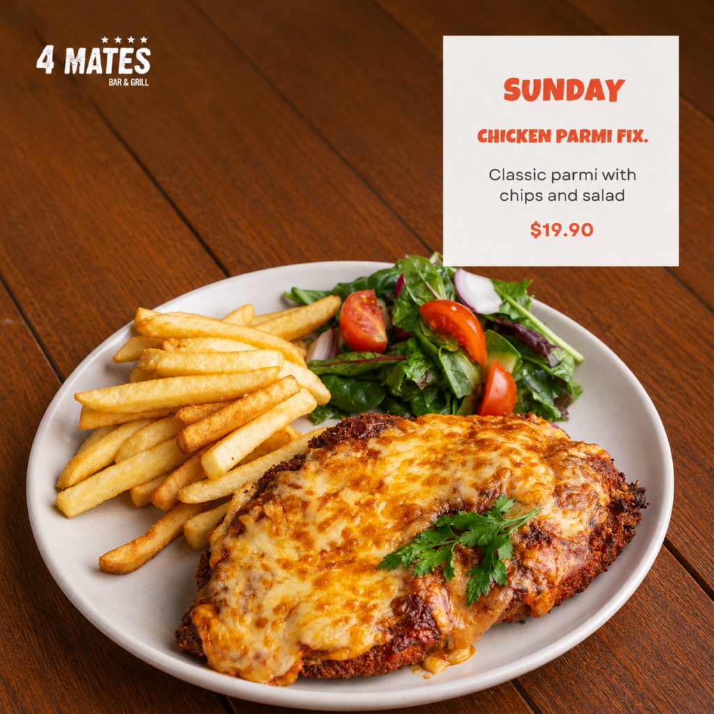 Sunday Special Chicken Parmi, Chips & Salad